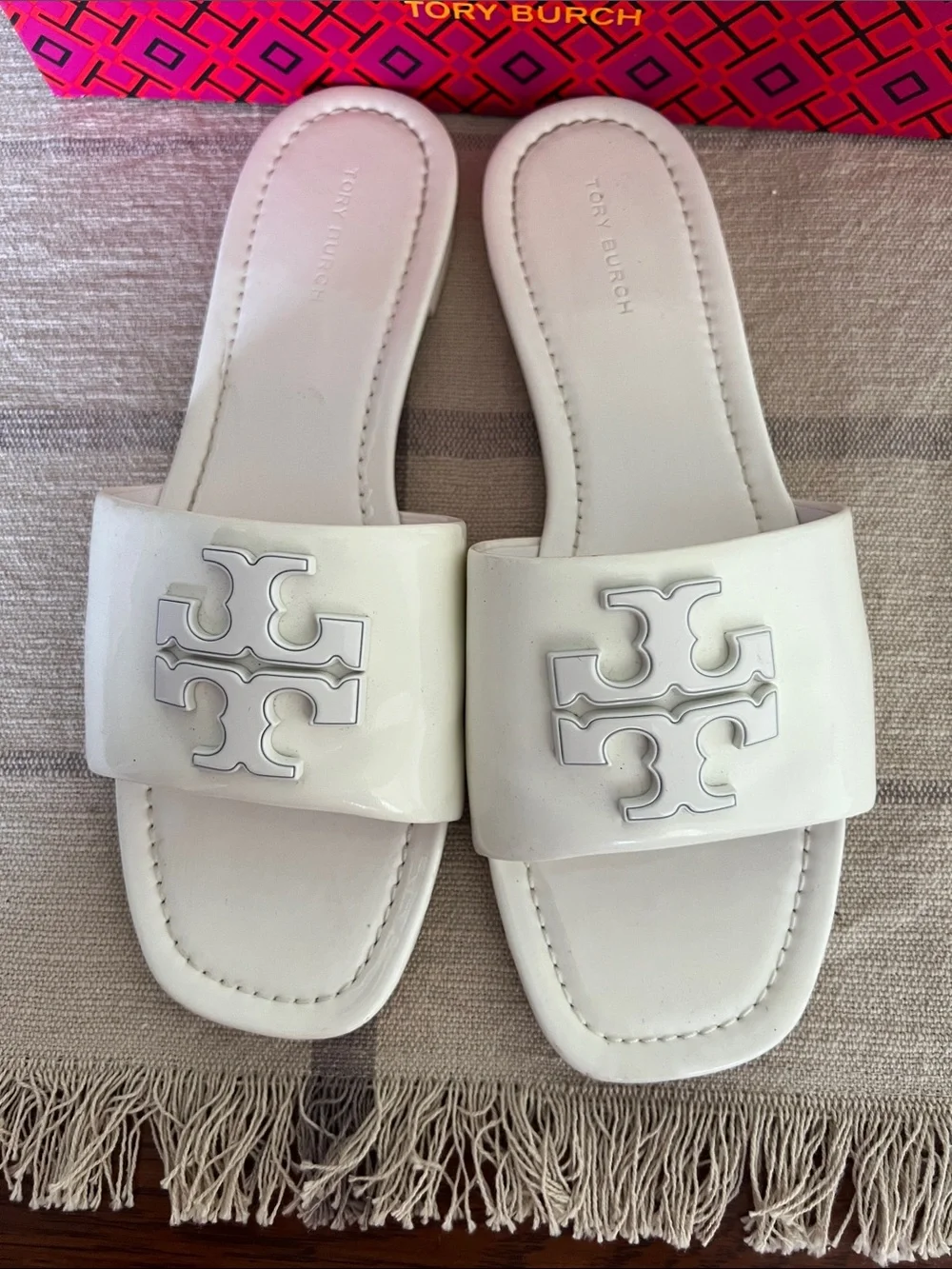 Tory Burch White Patent Miller Logo Slide Sandals